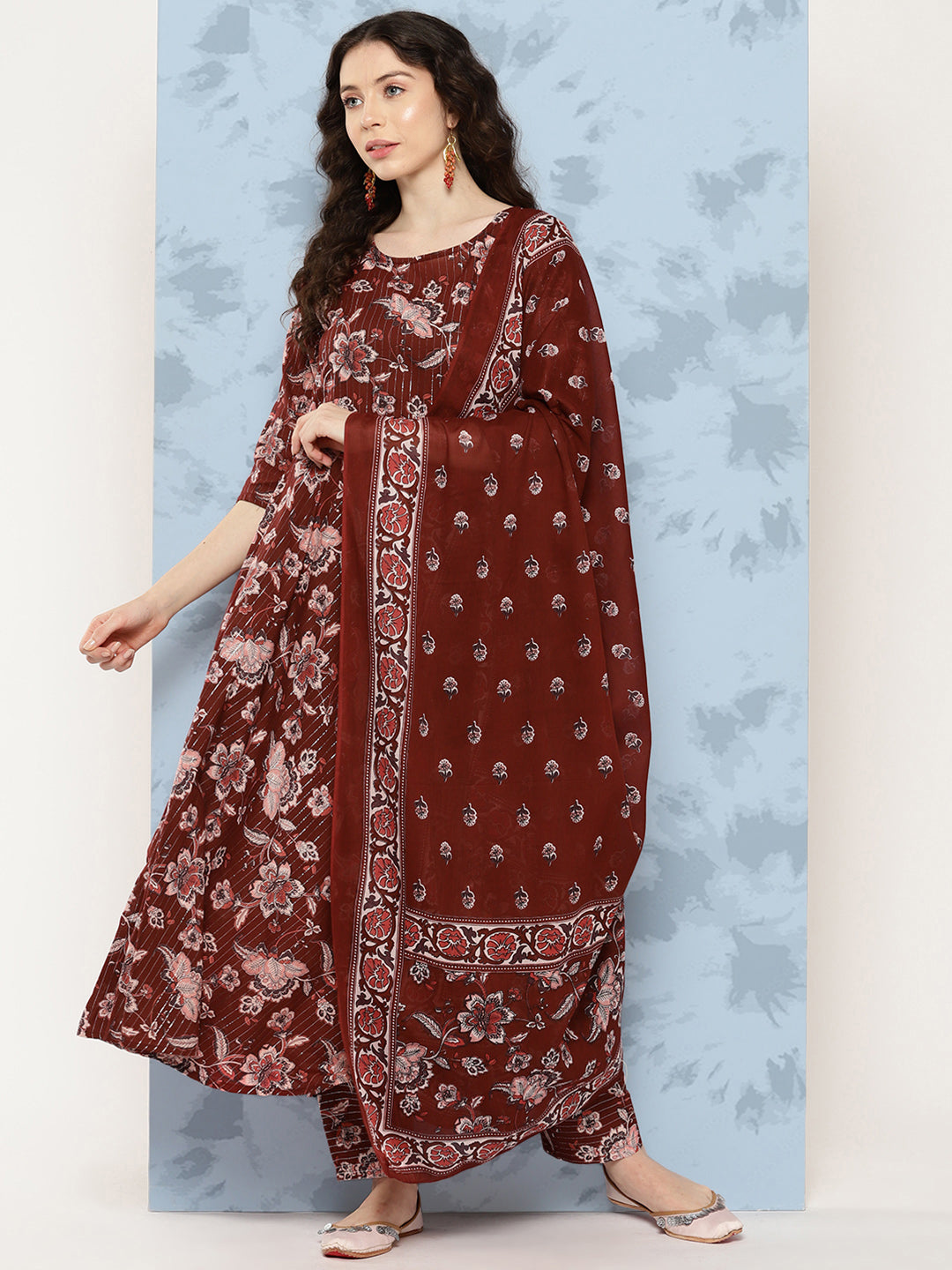 Women's Maroon Floral Printed Flared Kurta With Trouser And Dupatta - Nayo Clothing