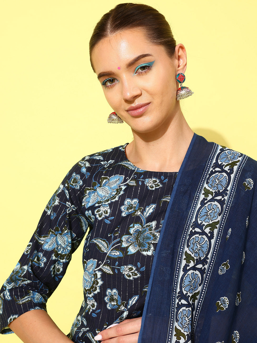 Women's Indigo Blue Floral Printed Flared Kurta With Trouser And Dupatta - Taantav