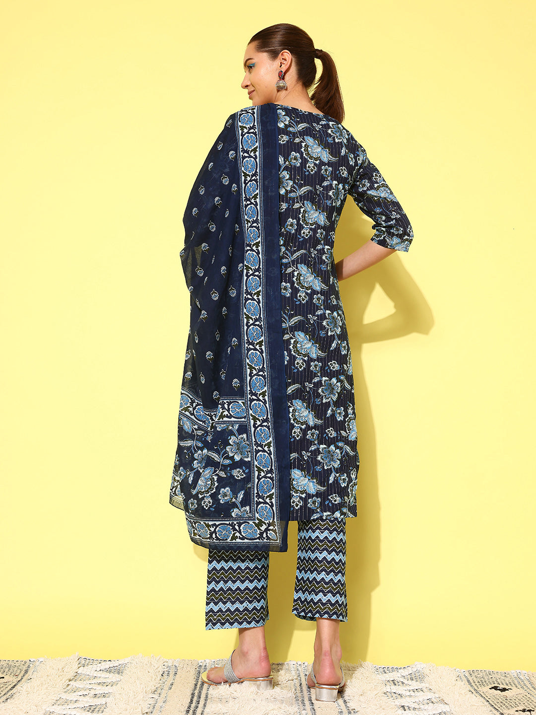 Women's Indigo Blue Floral Printed Flared Kurta With Trouser And Dupatta - Nayo Clothing