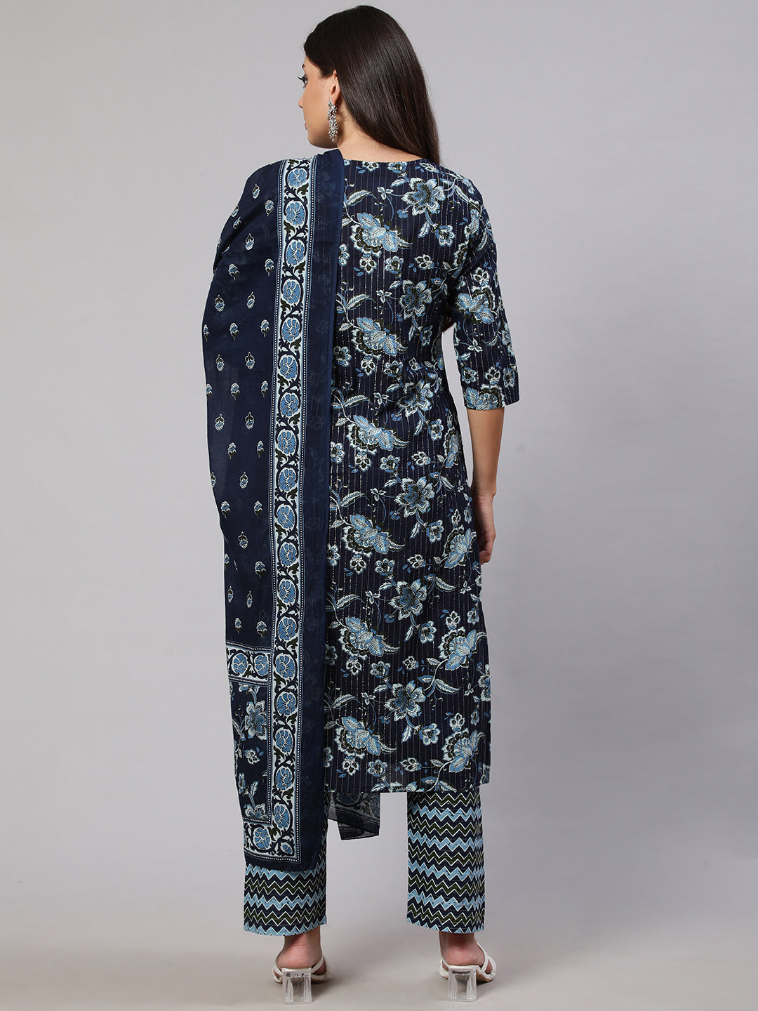 Women's Indigo Blue Floral Printed Flared Kurta With Trouser And Dupatta - Nayo Clothing