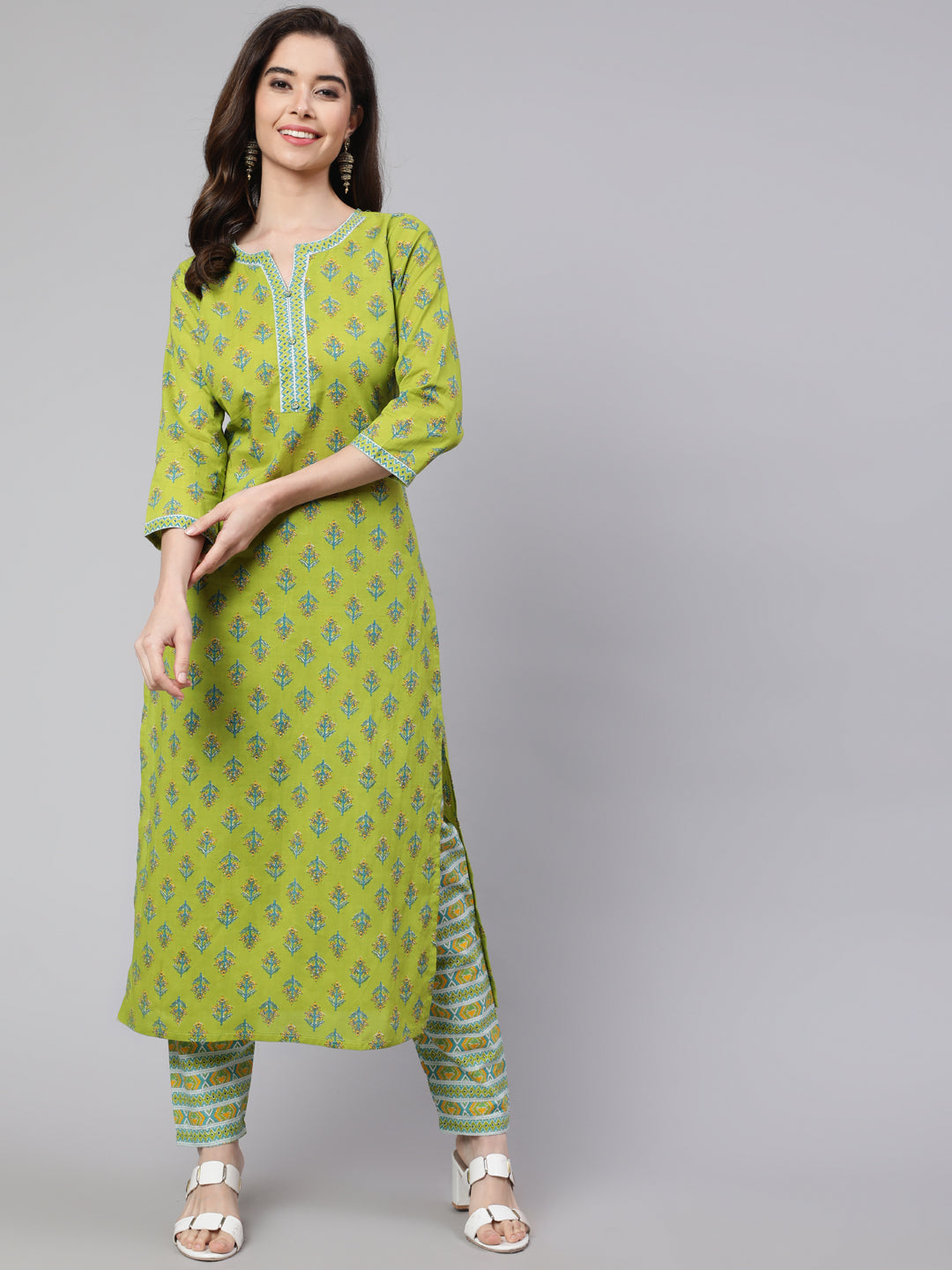 Women's Green Ethnic Printed Straight Kurta With Trouser - Taantav