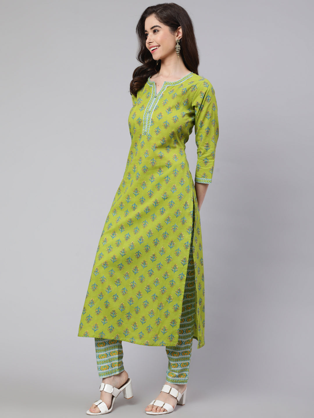 Women's Green Ethnic Printed Straight Kurta With Trouser - Taantav