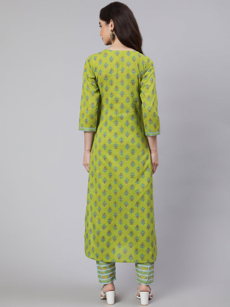 Women's Green Ethnic Printed Straight Kurta With Trouser
