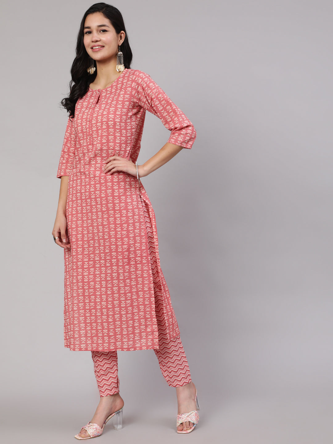 Women's Pink Ethnic Printed Straight Kurta With Trouser - Nayo Clothing