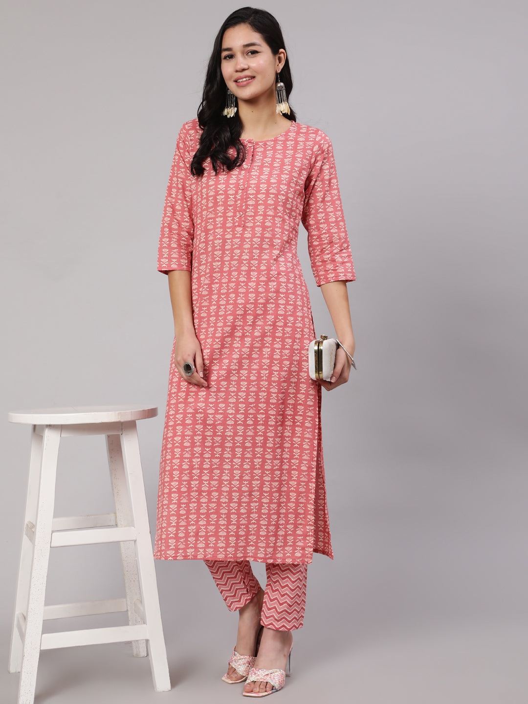 Women's Pink Ethnic Printed Straight Kurta With Trouser - Nayo Clothing