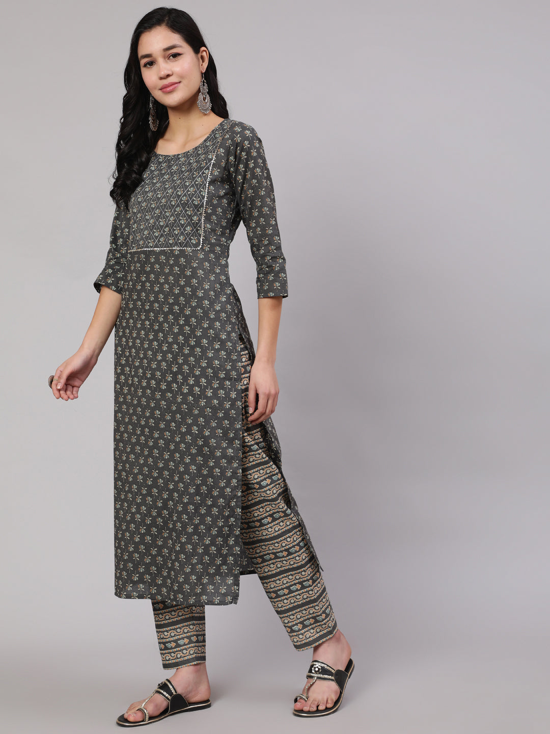 Women's Grey Printed Straight Kurta With Trouser - Nayo Clothing