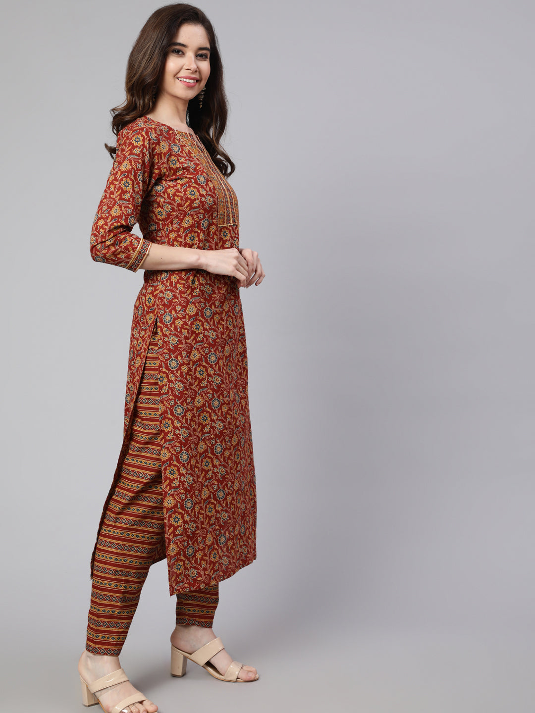 Women's Maroon Ethnic Printed Straight Kurta With Trouser - Nayo Clothing