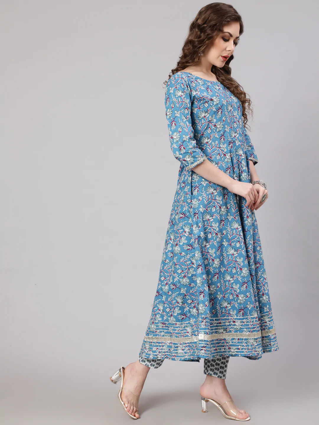 Women's Blue Printed Anarkali Kurta With Trouser And Dupatta - Nayo Clothing