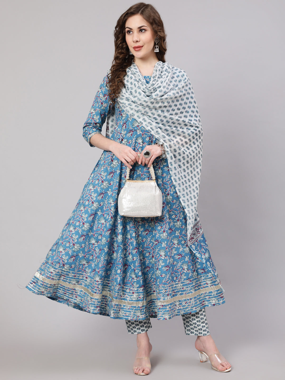 Women's Blue Printed Anarkali Kurta With Trouser And Dupatta - Taantav