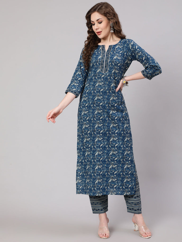 Women's Blue Printed Straight Kurta With Trouser