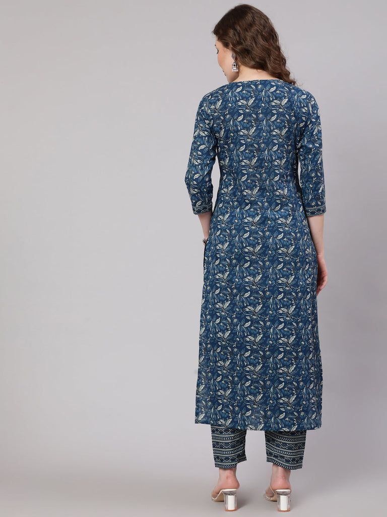 Women's Blue Printed Straight Kurta With Trouser