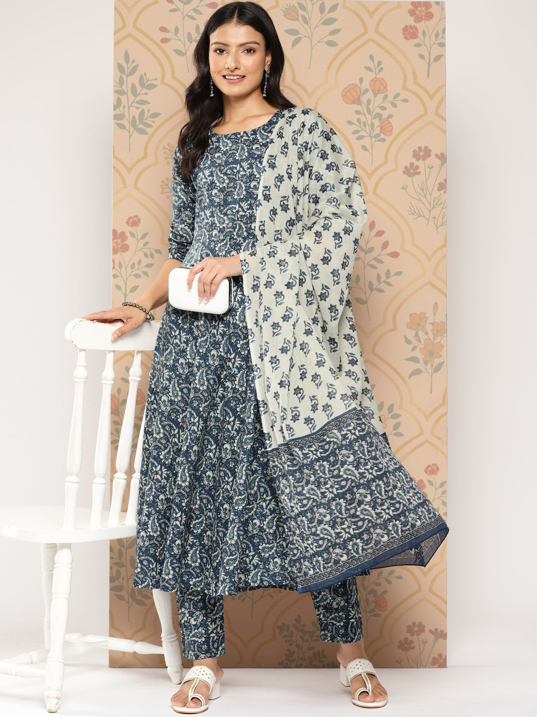 Women's Blue Ethnic Printed Anarkali Kurta With Trouser And Dupatta - Nayo Clothing