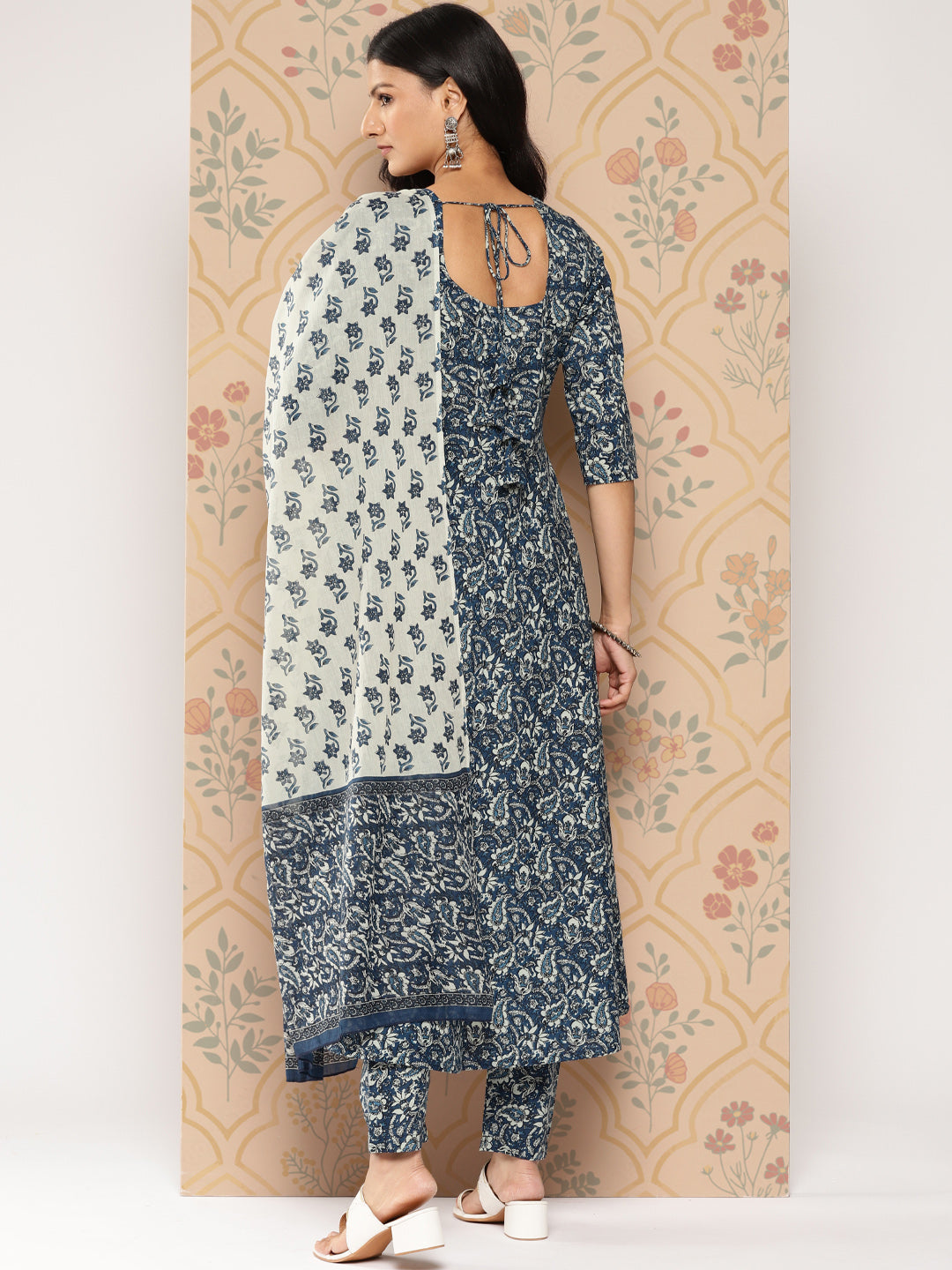 Women's Blue Ethnic Printed Anarkali Kurta With Trouser And Dupatta - Nayo Clothing