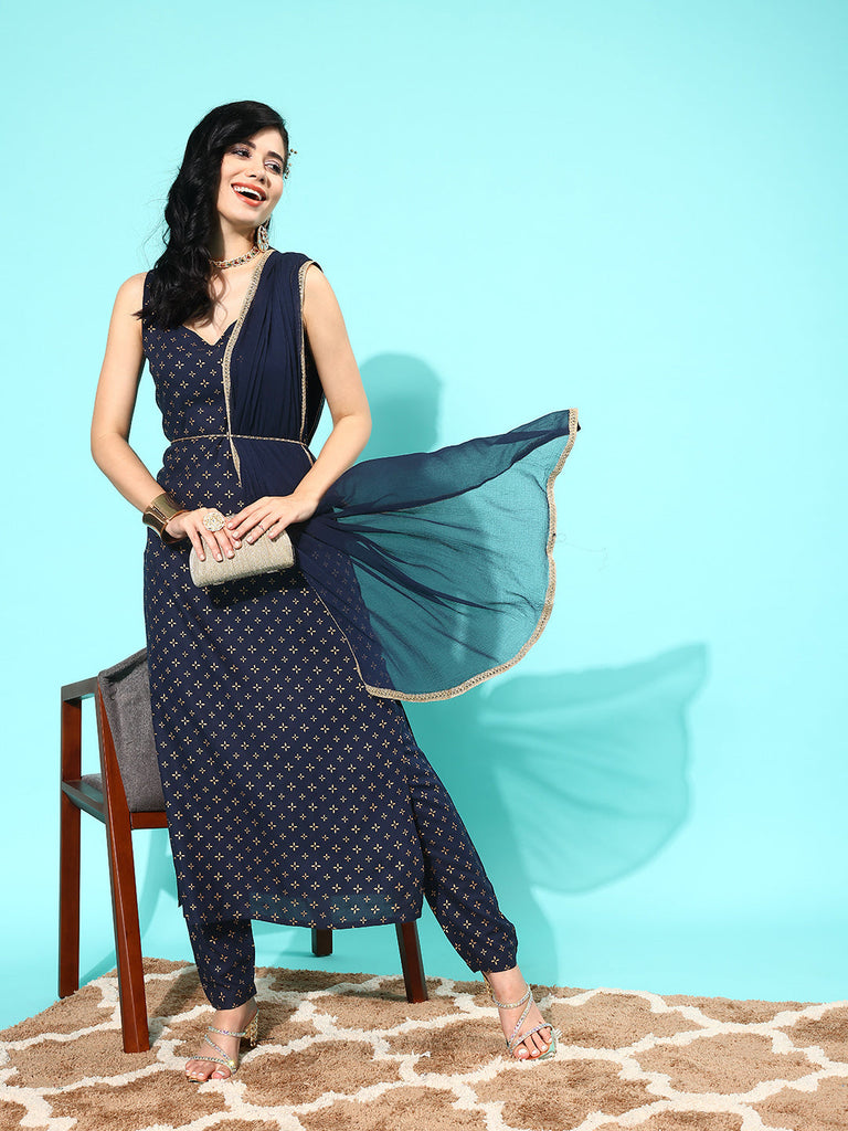Women's Navy Blue Ethnic Printed Sleeveless Kurta With Trouser And Dupatta