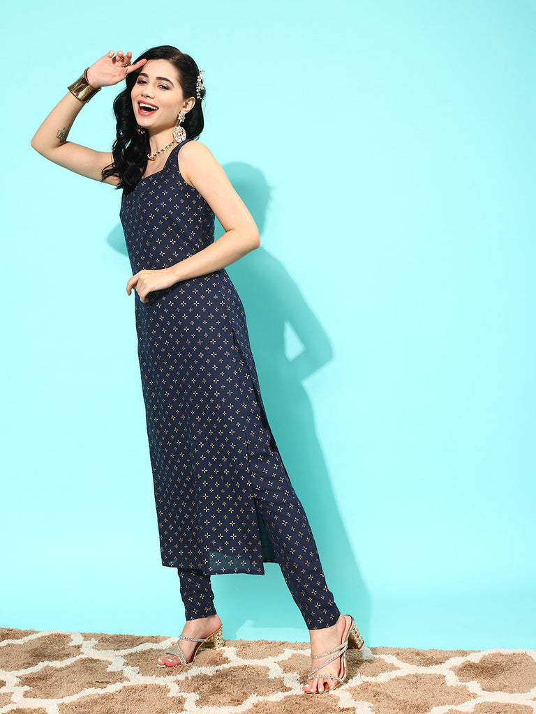 Women's Navy Blue Ethnic Printed Sleeveless Kurta With Trouser And Dupatta
