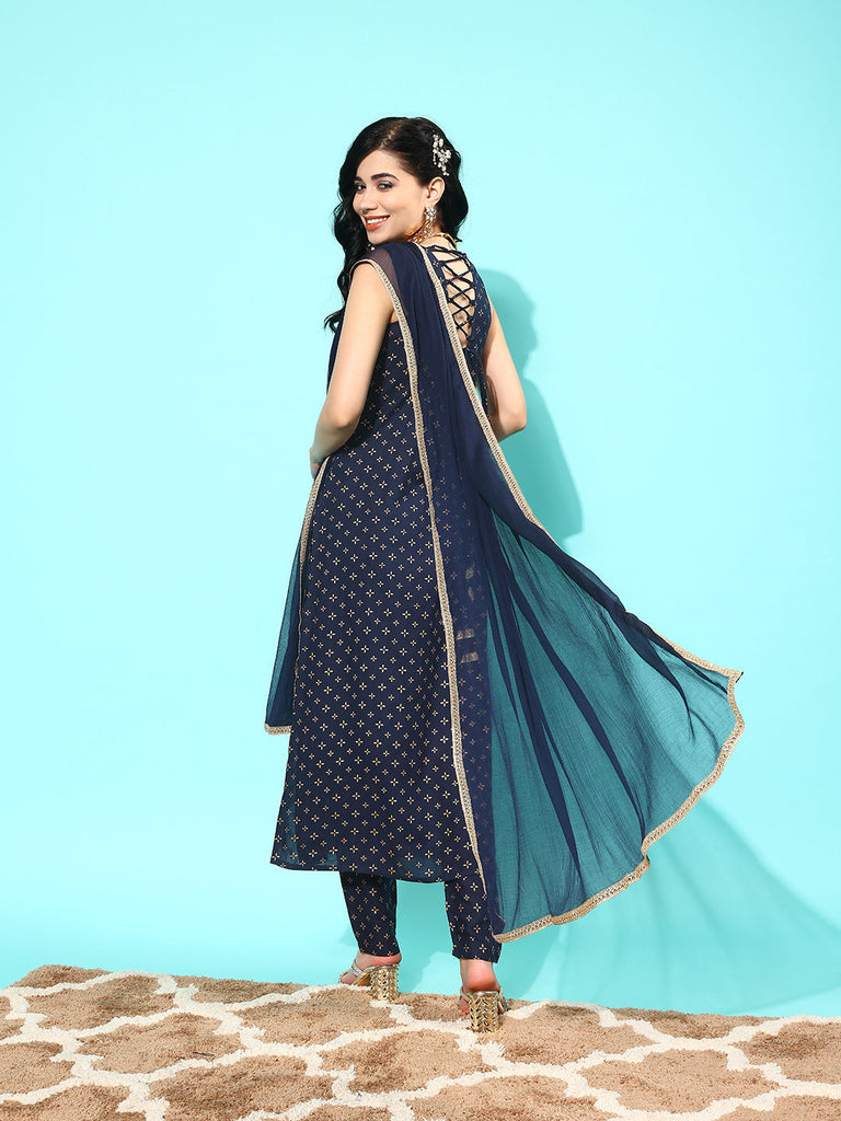 Women's Navy Blue Ethnic Printed Sleeveless Kurta With Trouser And Dupatta