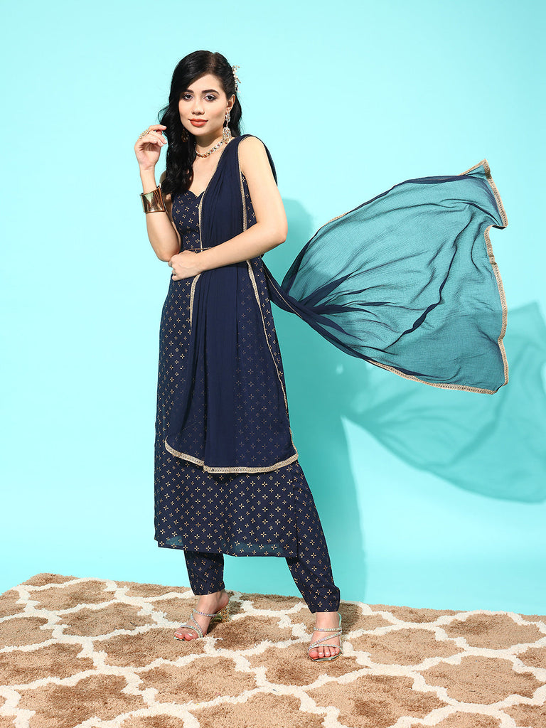Women's Navy Blue Ethnic Printed Sleeveless Kurta With Trouser And Dupatta