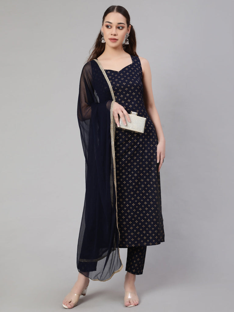 Women's Navy Blue Ethnic Printed Sleeveless Kurta With Trouser And Dupatta