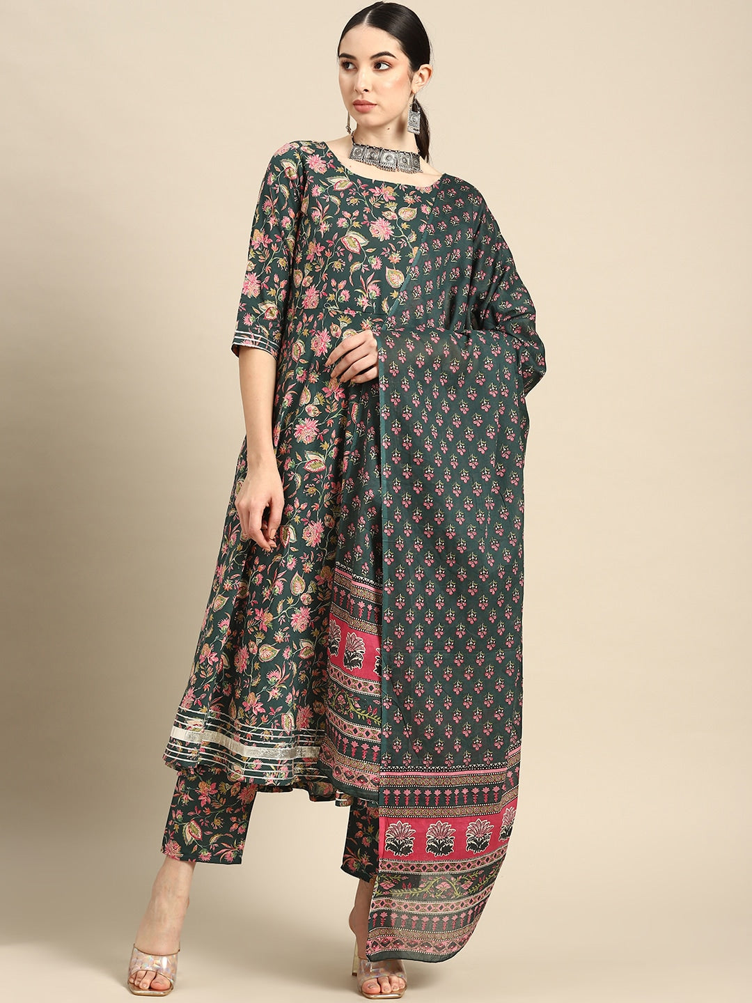 Women's Green & Pink Floral Anarkali Kurta With Trouser And Dupatta - Nayo Clothing