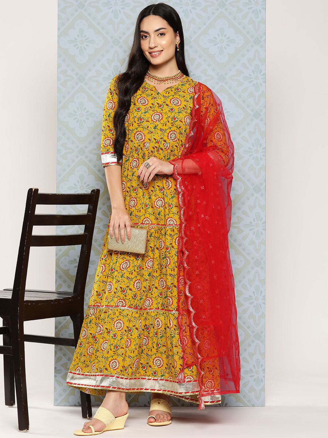 Women's Yellow Floral Printed Flared Dress With Scalloped Dupatta - Nayo Clothing