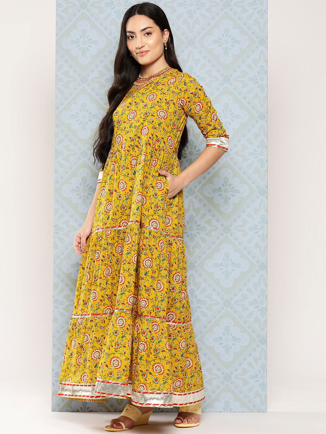 Women's Yellow Floral Printed Flared Dress With Scalloped Dupatta - Nayo Clothing