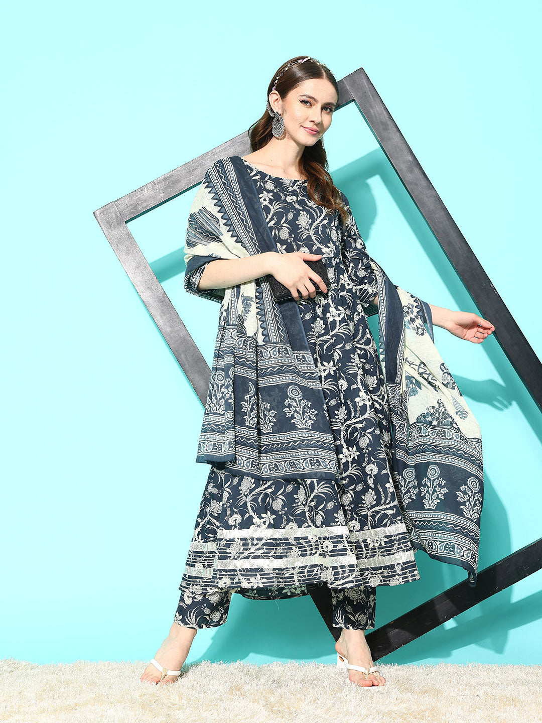 Women's Grey Paisely Printed Anarkali Kurta With Trouser And Dupatta - Nayo Clothing