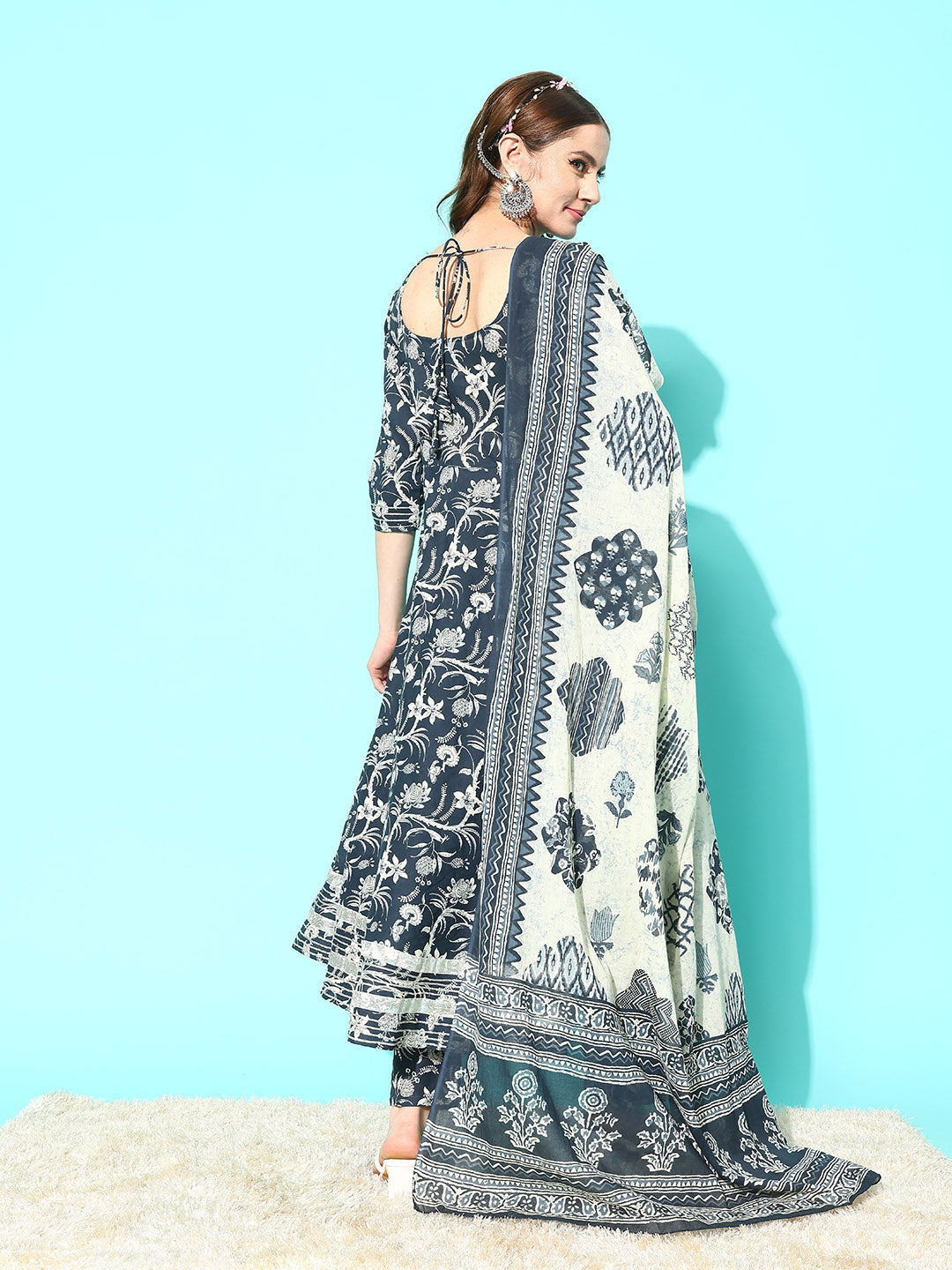 Women's Grey Paisely Printed Anarkali Kurta With Trouser And Dupatta - Nayo Clothing