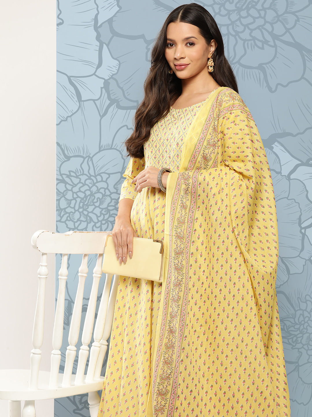Women's Yellow Printed Anarkali Kurta With Trouser And Dupatta - Nayo Clothing