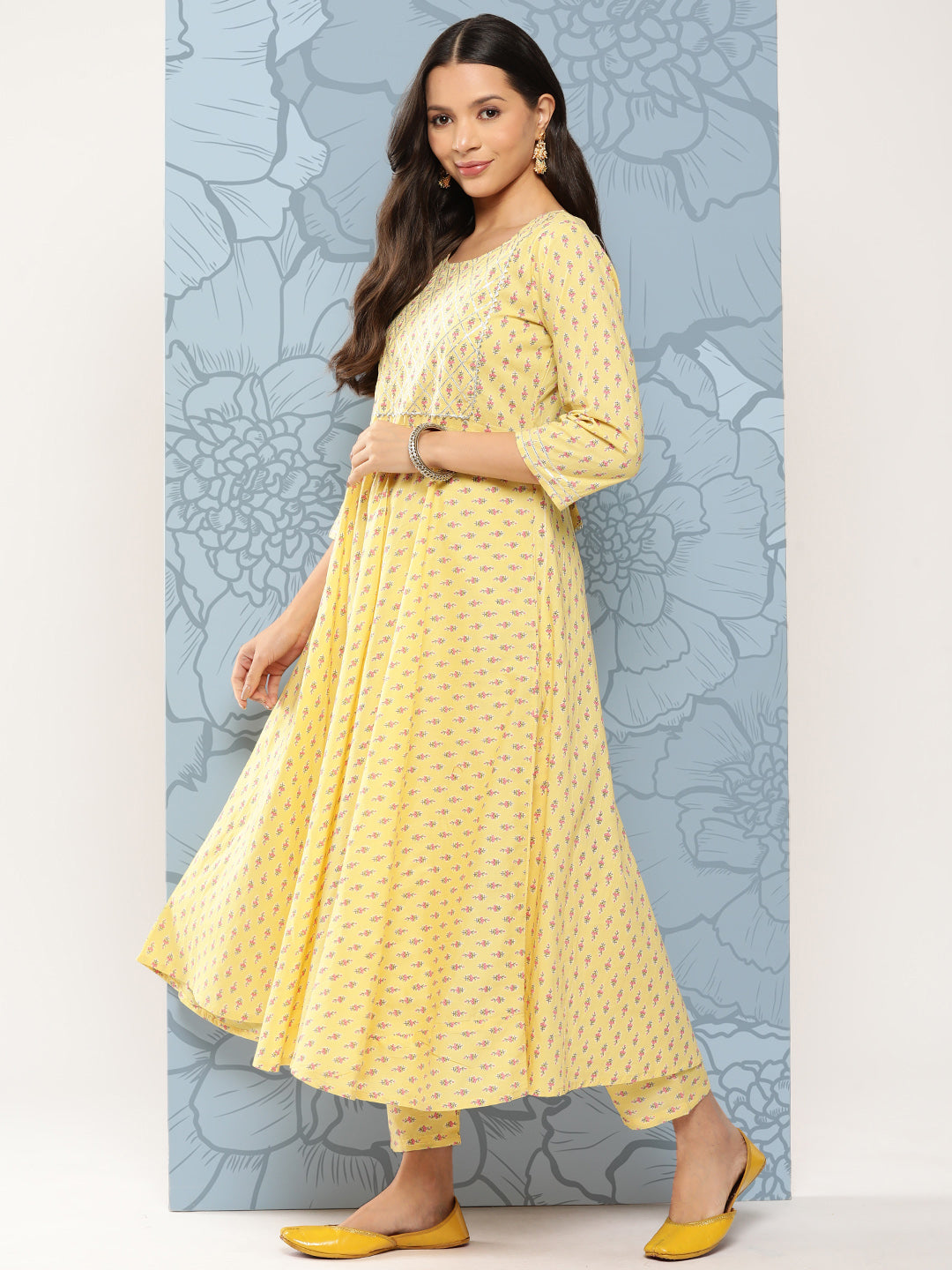 Women's Yellow Printed Anarkali Kurta With Trouser And Dupatta - Nayo Clothing