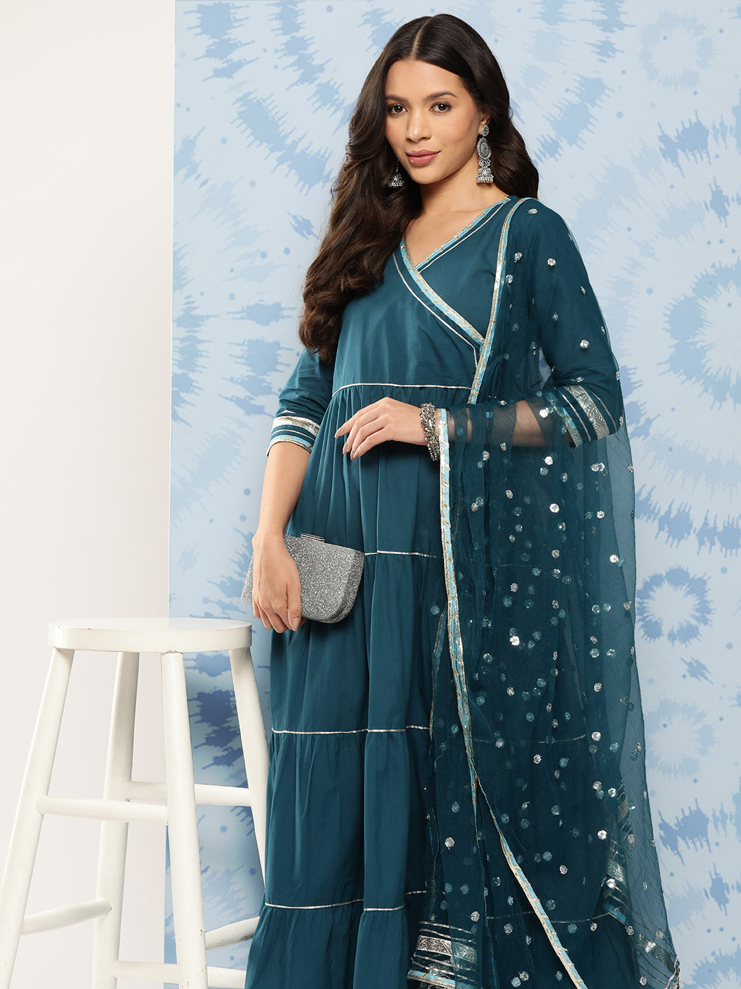 Women's Teal Blue Flared Dress With Net Secquance Dupatta - Nayo Clothing