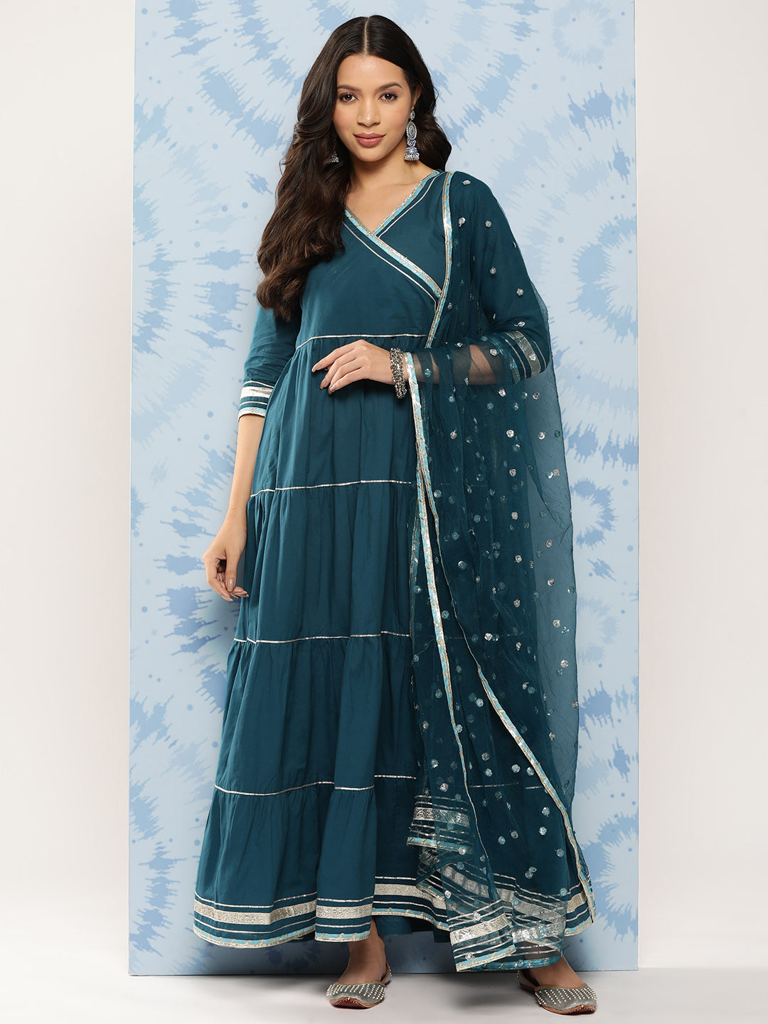 Women's Teal Blue Flared Dress With Net Secquance Dupatta - Nayo Clothing