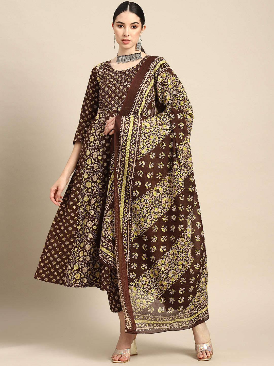 Women's Brown Ethnic Printed Anarkali Kurta With Trouser And Dupatta - Nayo Clothing