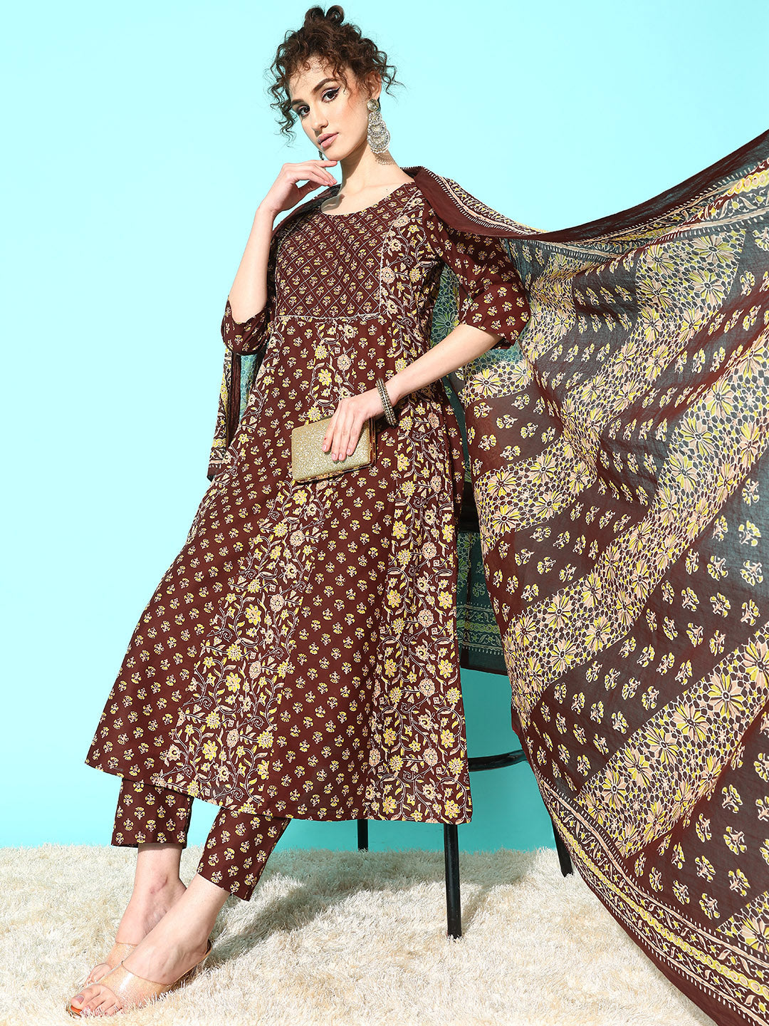 Women's Brown Ethnic Printed Anarkali Kurta With Trouser And Dupatta - Nayo Clothing