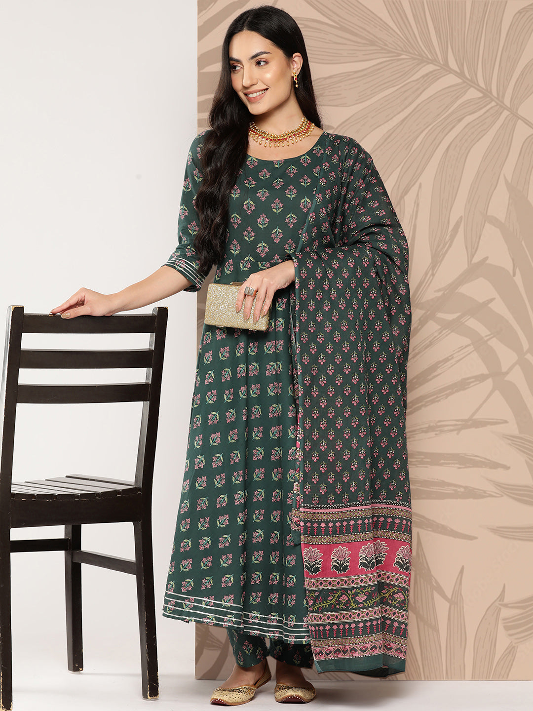 Women's Green Ethnic Printed Anarkali Kurta With Trouser And Dupatta - Nayo Clothing