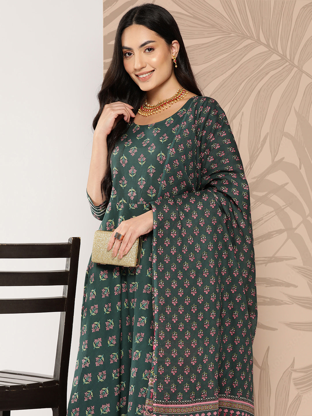 Women's Green Ethnic Printed Anarkali Kurta With Trouser And Dupatta - Nayo Clothing