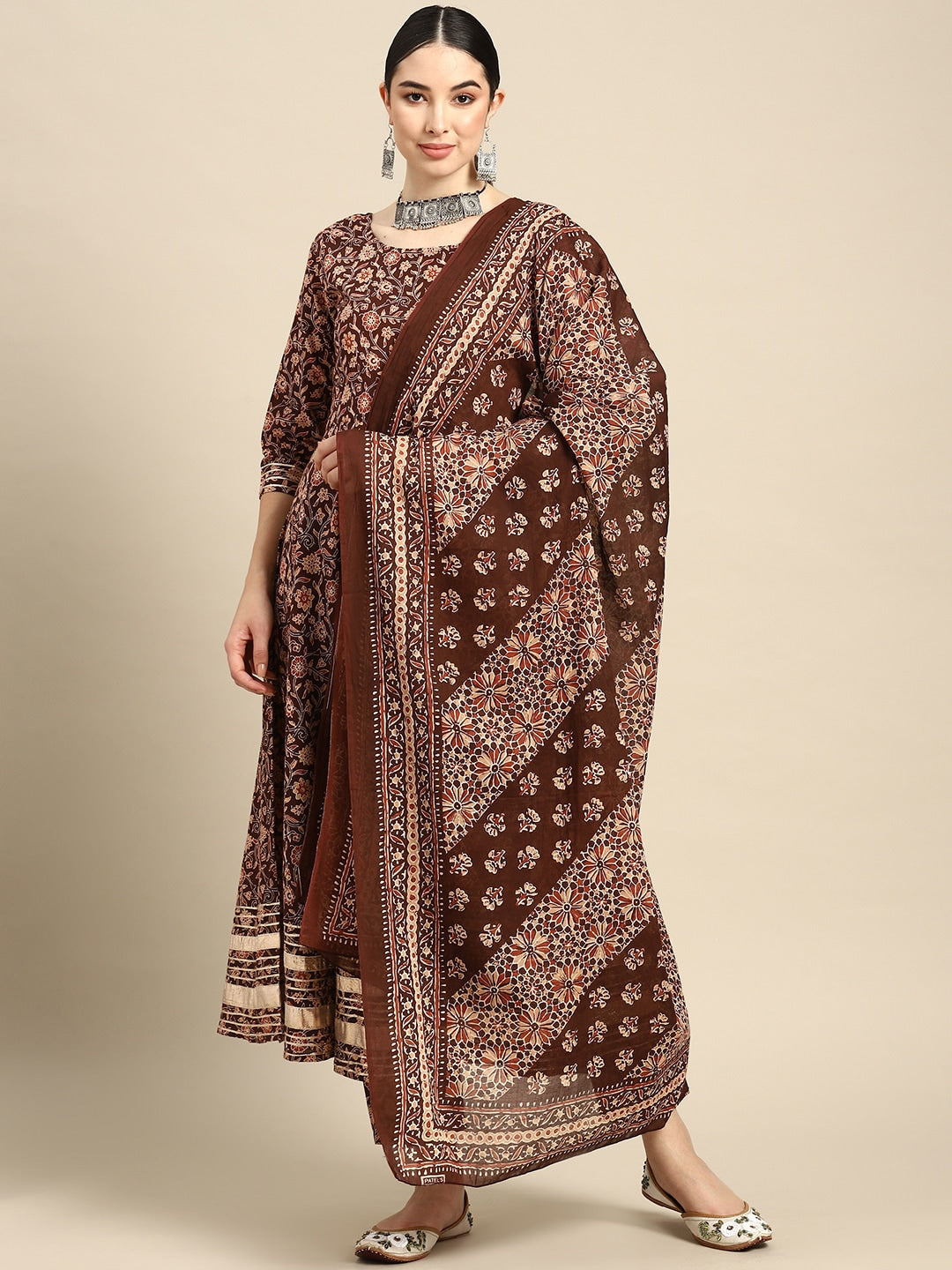 Women's Brown Floral Printed Anarkali Kurta With Trouser And Dupatta - Nayo Clothing