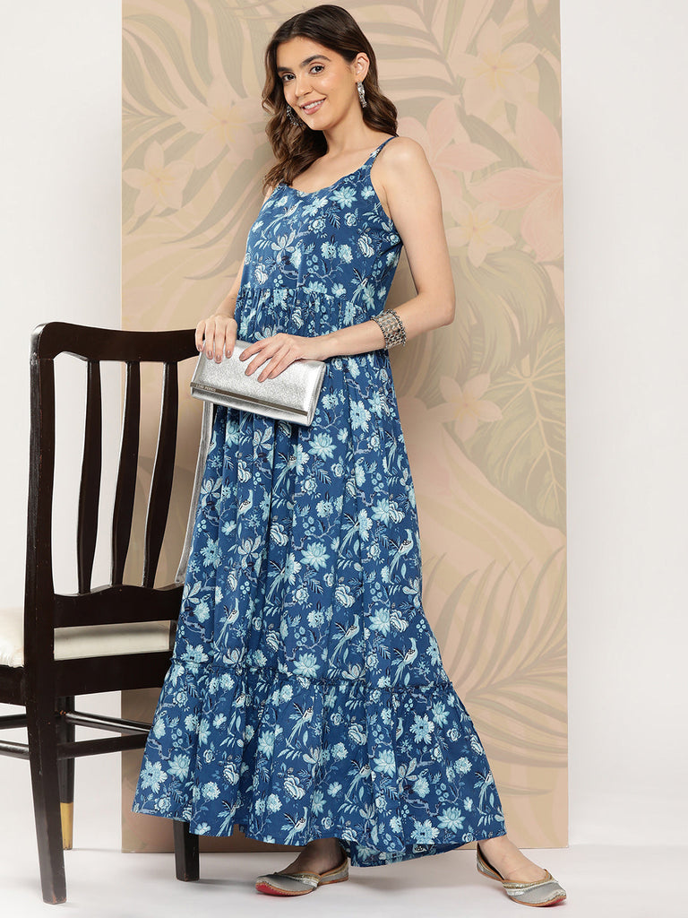 Women's Blue Abstract Printed Shoulder Strap Dress
