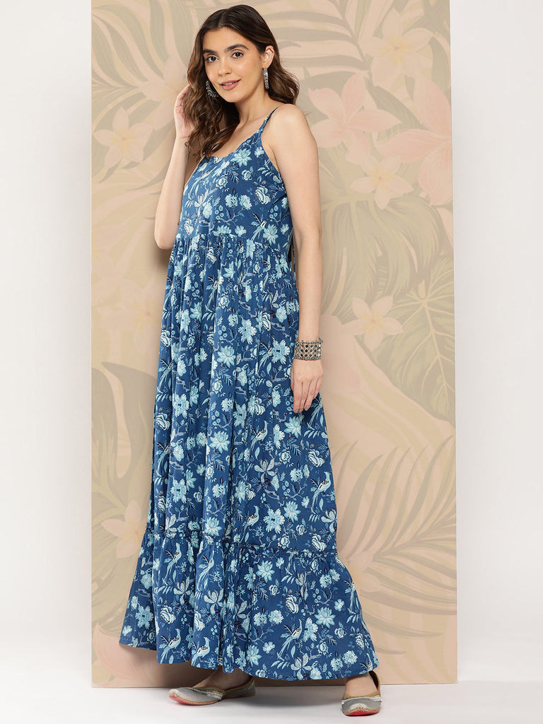 Women's Blue Abstract Printed Shoulder Strap Dress