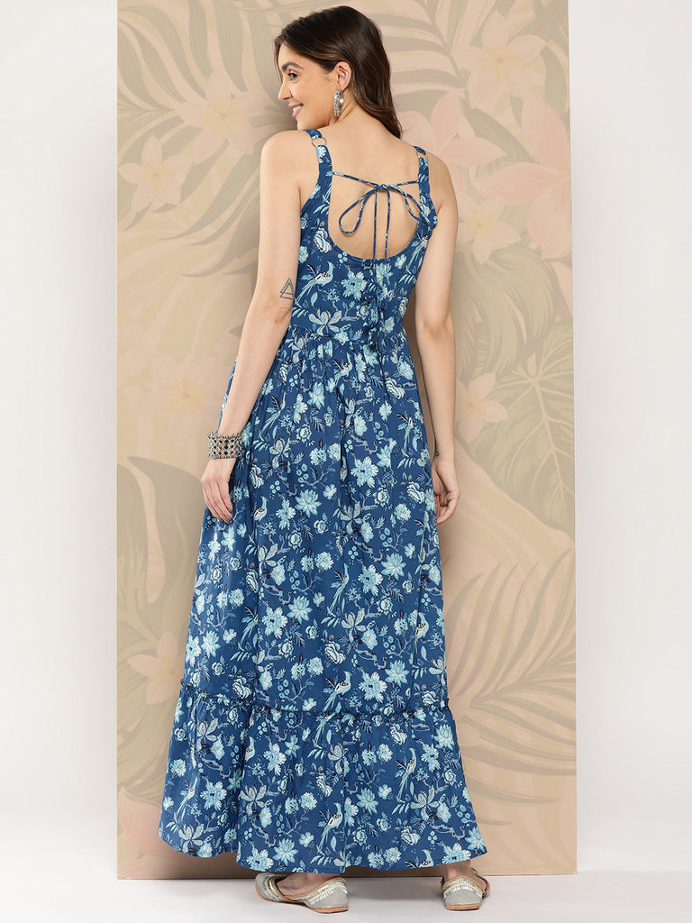Women's Blue Abstract Printed Shoulder Strap Dress