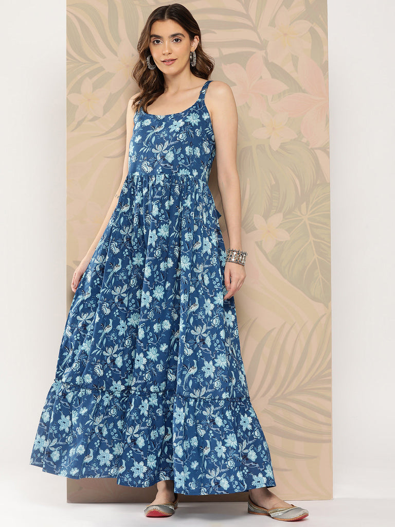 Women's Blue Abstract Printed Shoulder Strap Dress