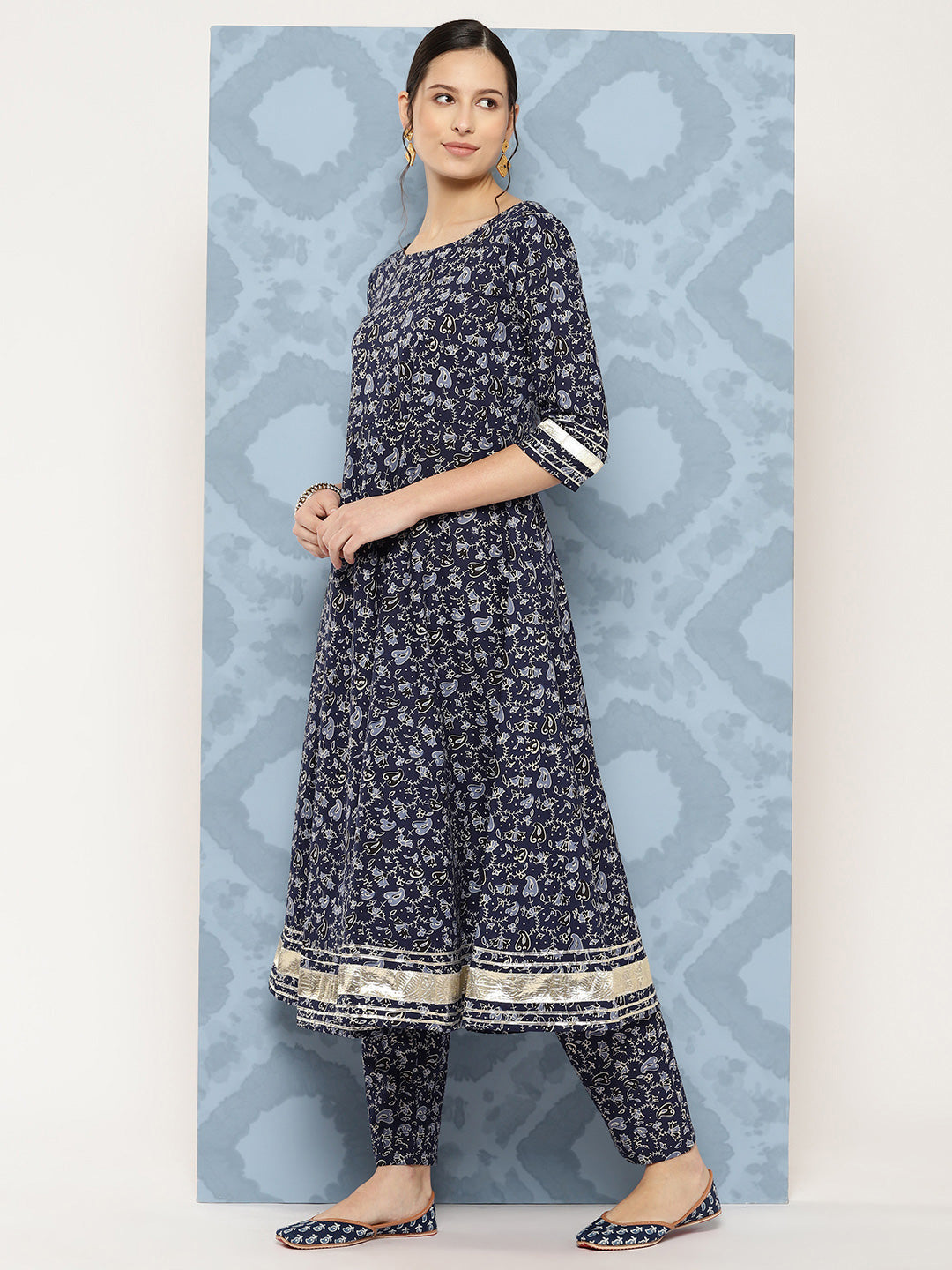 Women's Blue Floral Printed Anarkali Kurta With Trouser And Dupatta - Nayo Clothing