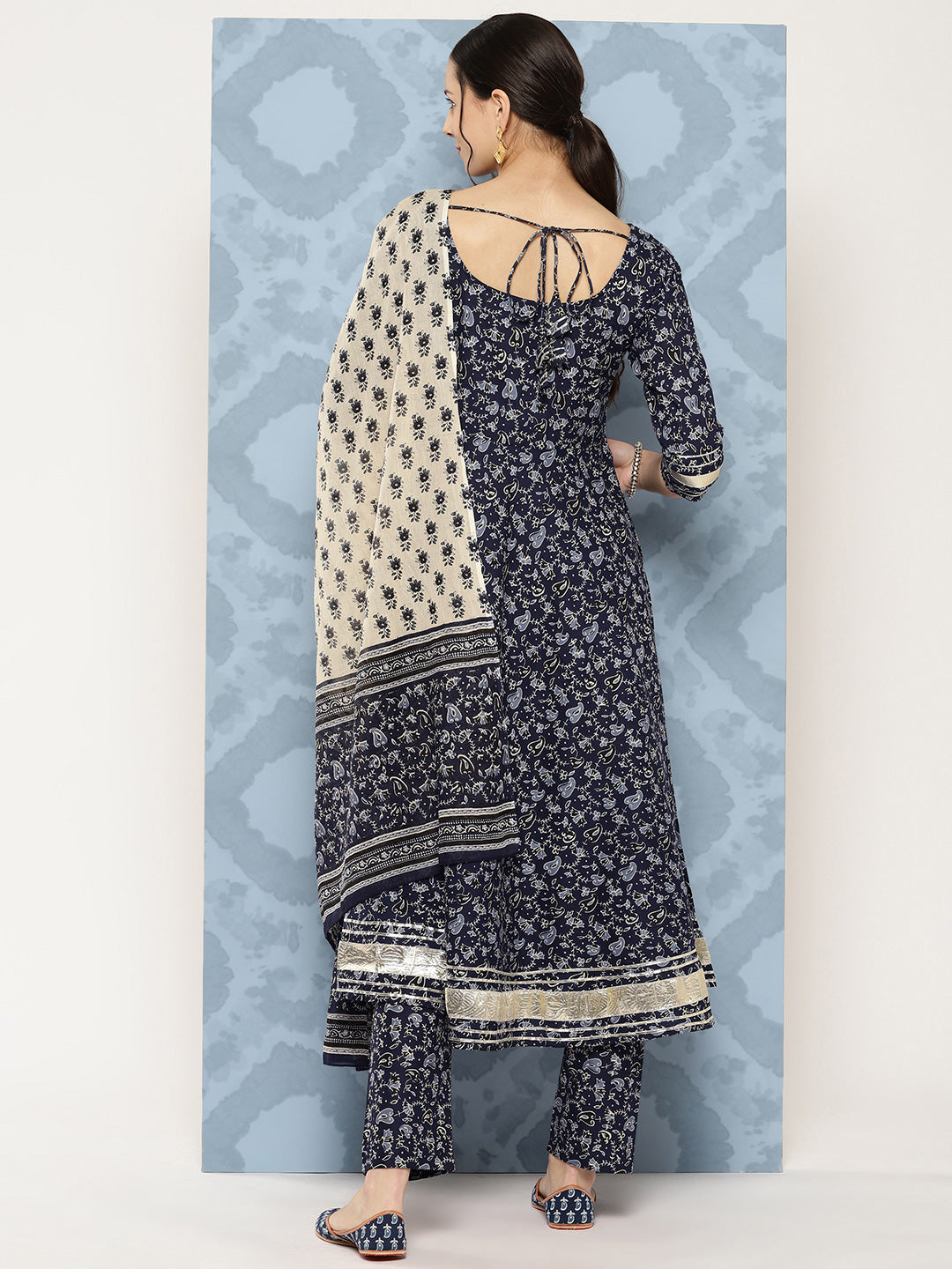 Women's Blue Floral Printed Anarkali Kurta With Trouser And Dupatta - Nayo Clothing