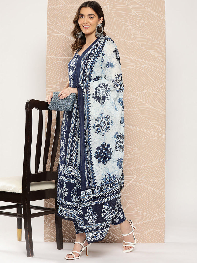 Women's Blue Paisely Printed Straight Kurta With Trouser And Dupatta