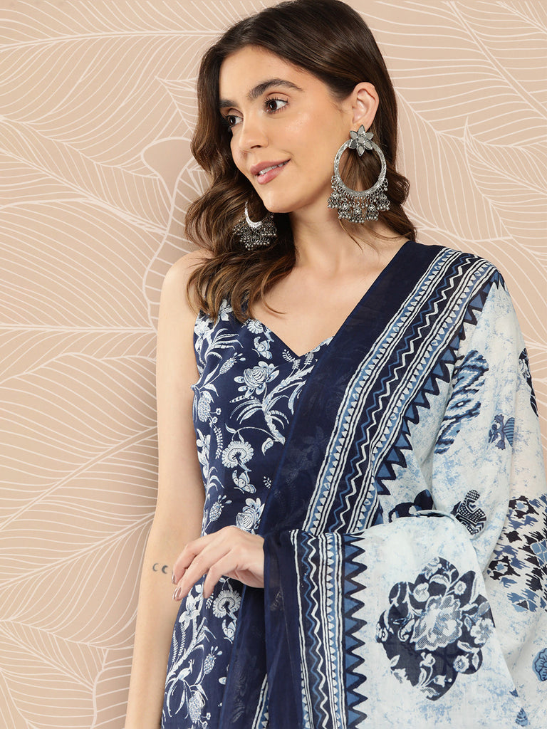 Women's Blue Paisely Printed Straight Kurta With Trouser And Dupatta