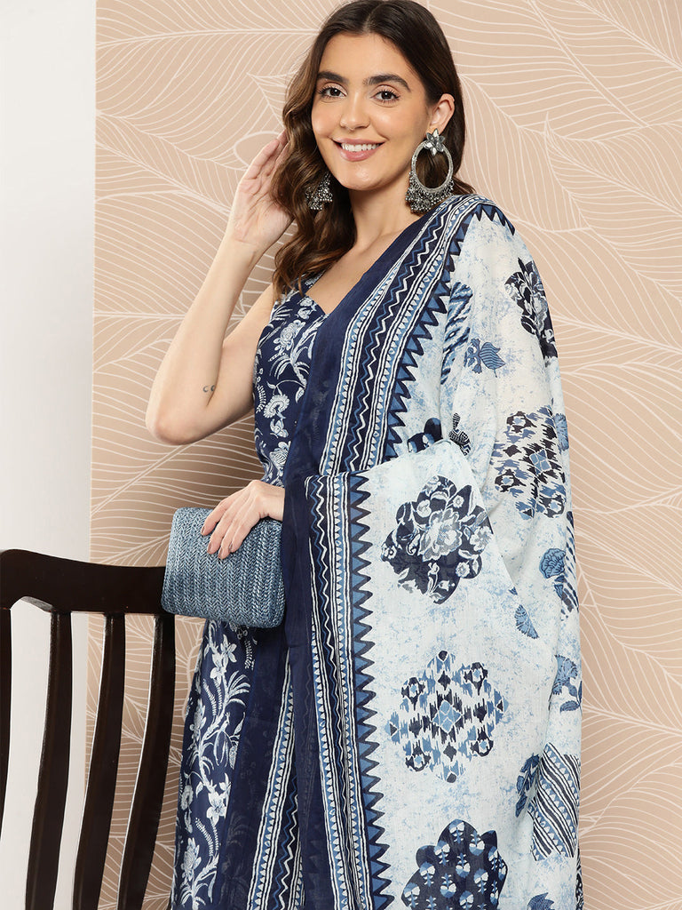 Women's Blue Paisely Printed Straight Kurta With Trouser And Dupatta