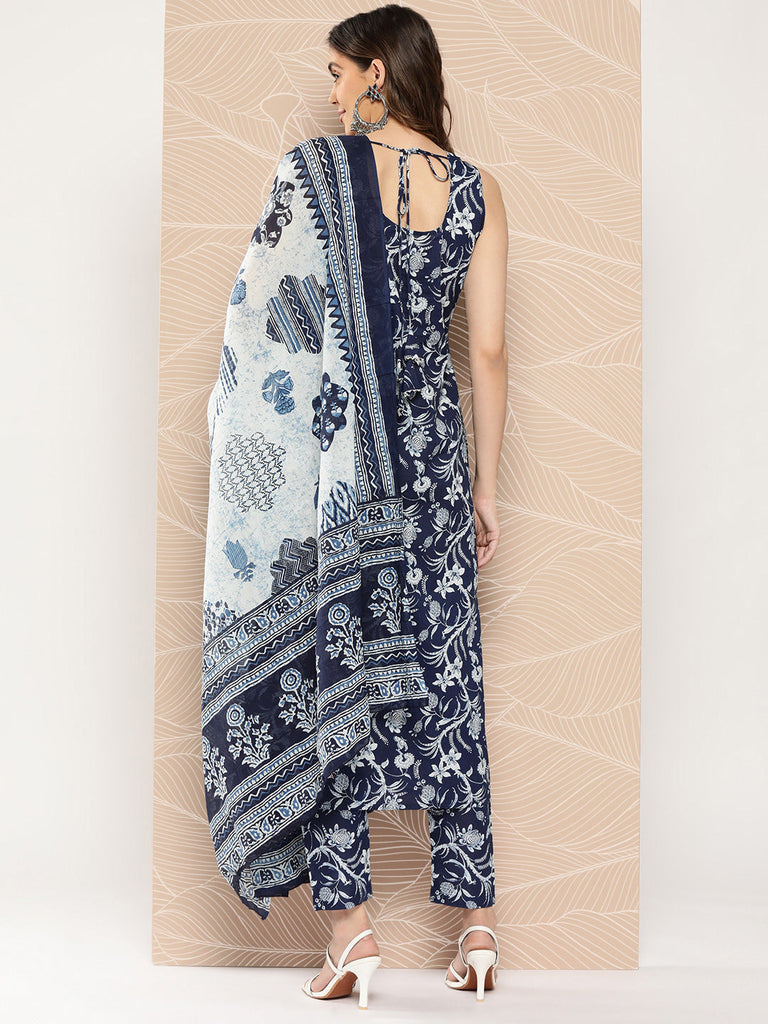 Women's Blue Paisely Printed Straight Kurta With Trouser And Dupatta