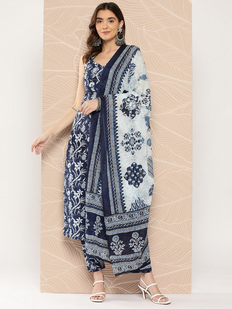 Women's Blue Paisely Printed Straight Kurta With Trouser And Dupatta