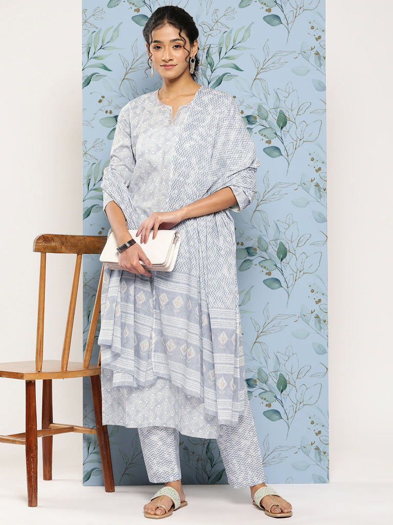 Women's Grey Ethnic Embroidered Kurta With Palazzo And Dupatta