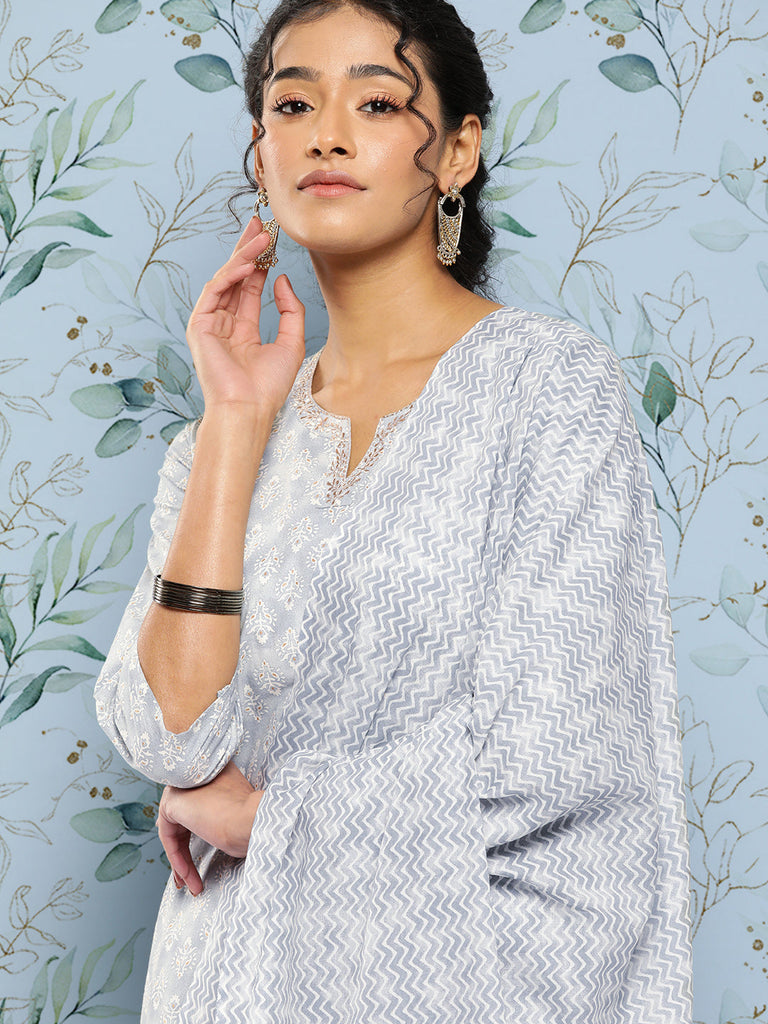 Women's Grey Ethnic Embroidered Kurta With Palazzo And Dupatta