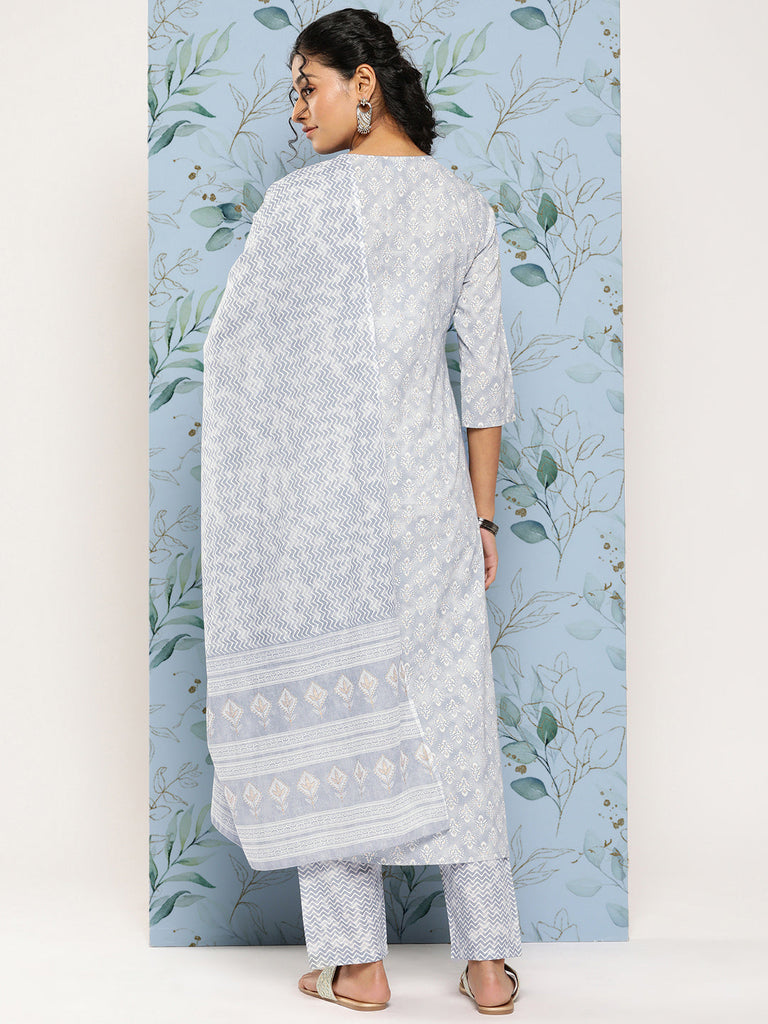 Women's Grey Ethnic Embroidered Kurta With Palazzo And Dupatta